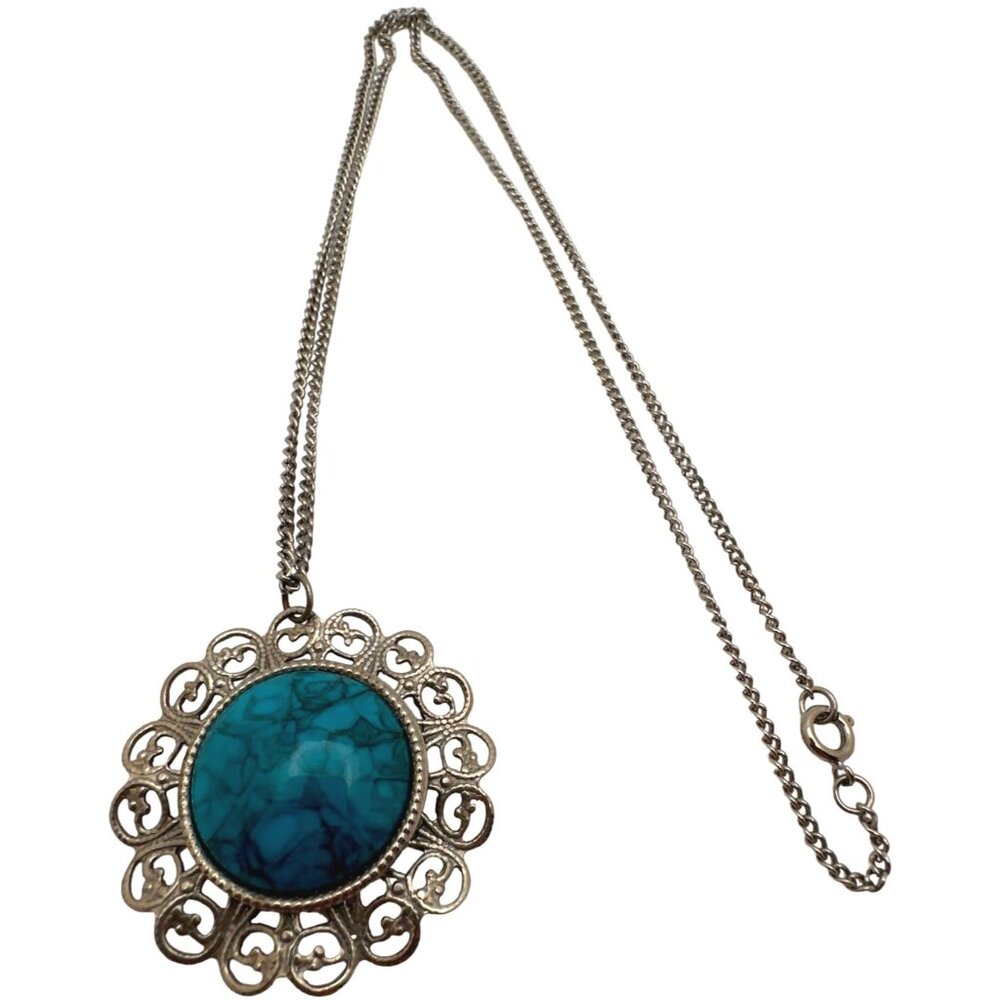 Vintage Faux Turquoise Blue Pendant Necklace Ornate Filigree Art Deco Revival